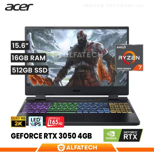 LAPTOP ACER NITRO 5 AN515-47-R76C AMD RYZEN 7 7735HS 16GB RAM 512GB SSD RTX 3050 4GB 15.6 QHD IPS 165HZ (NH.QL5AL.006)