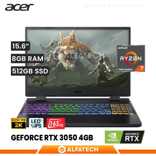 LAPTOP ACER NITRO 5 AN515-47-R76C AMD RYZEN 7 7735HS 8GB RAM 512GB SSD RTX 3050 4GB 15.6 QHD IPS 165HZ (NH.QL5AL.006)