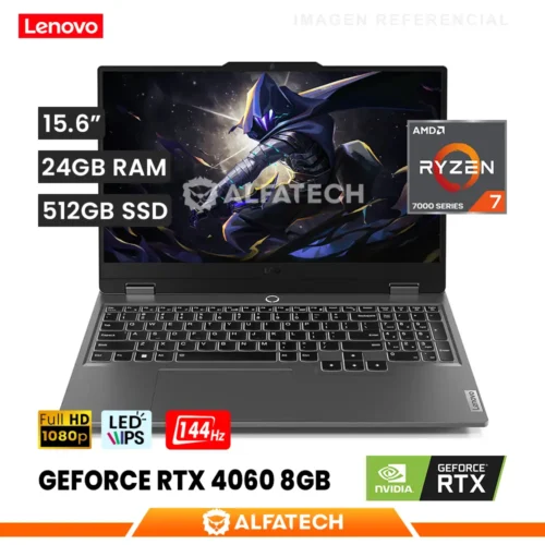 LAPTOP LENOVO LOQ 15ARP9 AMD RYZEN 7 7435HS 24GB RAM 512GB SSD RTX 4060 8GB 15.6 FHD IPS 144HZ (83JC005SLM)