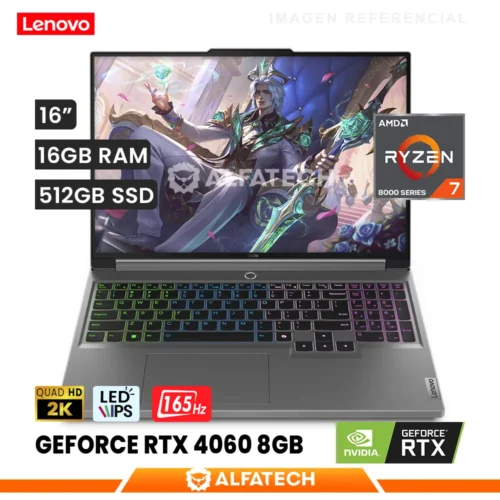 LAPTOP LENOVO LEGION SLIM 5 16AHP9 AMD RYZEN 7 8845HS 16GB RAM 512GB SSD RTX 4060 8GB 16 WQXGA IPS 165HZ (83DH005QUS)