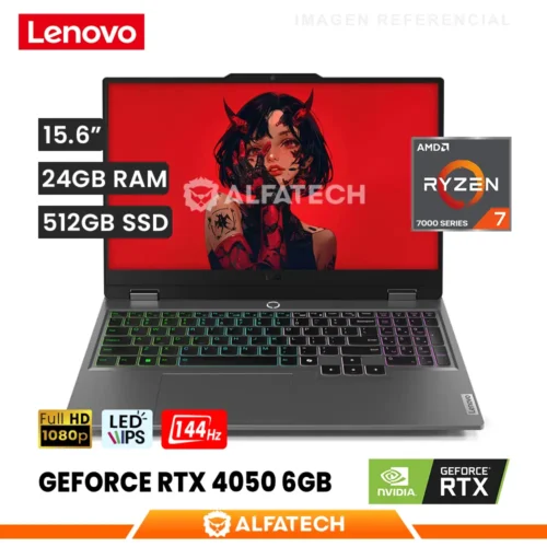 LAPTOP LENOVO LOQ 15ARP9 AMD RYZEN 7 7435HS 24GB RAM 512GB SSD RTX 4050 6GB 15.6 FHD IPS 144HZ (83JC008GLM)