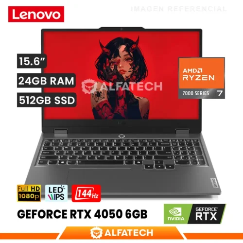 LAPTOP LENOVO LOQ 15ARP9 AMD RYZEN 7 7435HS 24GB RAM 512GB SSD RTX 4050 6GB 15.6 FHD IPS 144HZ (83JC008GLM)