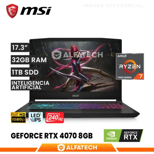 LAPTOP MSI KATANA A17 AI B8VG-1002 AMD RYZEN 7 8845HS 32GB RAM 1TB SSD RTX 4070 8GB 17.3 QHD IPS 240HZ (A17-AI-B8VG-1002US)