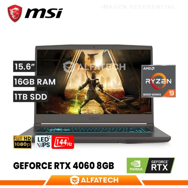 LAPTOP MSI THIN A15 B0FV 270US AMD RYZEN 9 8945HS 16GB RAM 1TB SSD RTX 4060 8GB 15.6 FHD IPS 144HZ(B8VF-270US)