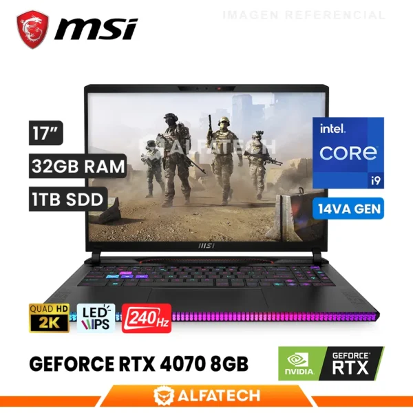 LAPTOP MSI RAIDER GE78 HX 14VGG-252 INTEL CORE I9 14900HX 32GB RAM 1TB SSD RTX 4070 8GB 17 WQXGA IPS 240HZ (GE78 HX 14VGG-252)