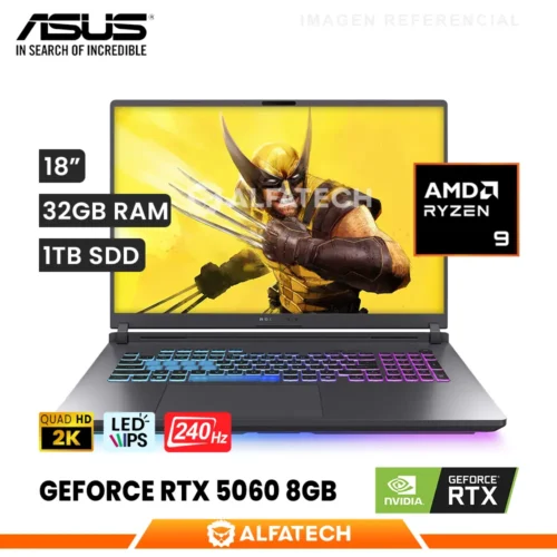 LAPTOP ASUS ROG STRIX G18 G814PM-ES96 AMD RYZEN 9 8940HX 32GB RAM 1TB SSD RTX 5060 8GB 18 WQXGA IPS 240HZ (G814PM-ES96)