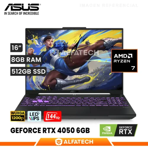 LAPTOP ASUS TUF GAMING A16 FA607NUQ-RL210W AMD RYZEN 7 170 8GB RAM 512GB SSD RTX 4050 6GB 16 WUXGA IPS 144HZ (90NR0QF3-M00E50)