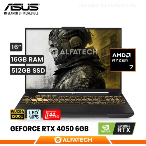 LAPTOP ASUS TUF GAMING A16 FA607NUQ-RLWS73 AMD RYZEN 7 170 16GB RAM 512GB SSD RTX 4050 6GB 16 WUXGA IPS 144HZ (90NR0QF3-M00CF0)